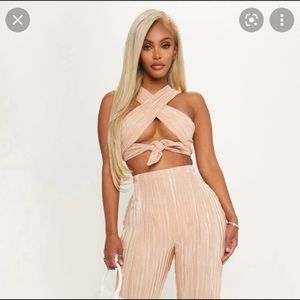 PRETTYLITTLETHING - Shape Gold Pleated Metallic Wide Leg Pants - NWT SMALL